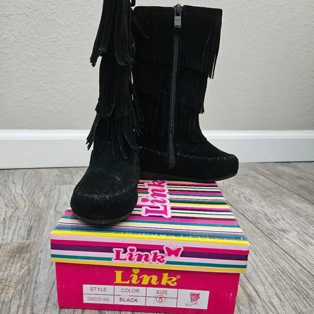 Link Candice 16KA Black Faux Suede Fringe Mid Calf Boots Size 5T